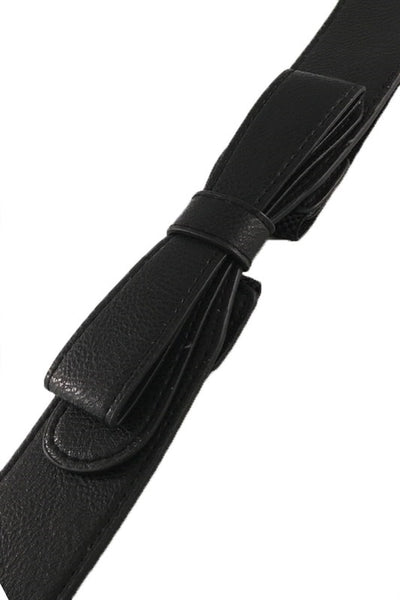 1 3/4" wide matte black faux leather and elastic 7" front bow detail belt with back snap closure