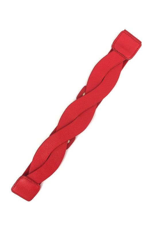 matte red 2" wide elastic belt with front 14" x 3" faux leather twist design and back 2 snap closure