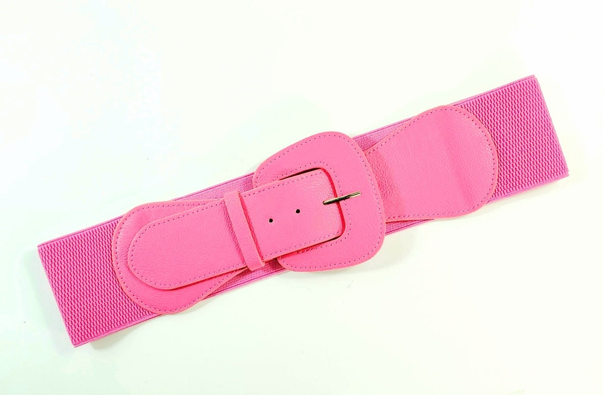 matte bright pink faux leather 3" wide adjustable elastic belt with angled self buckle