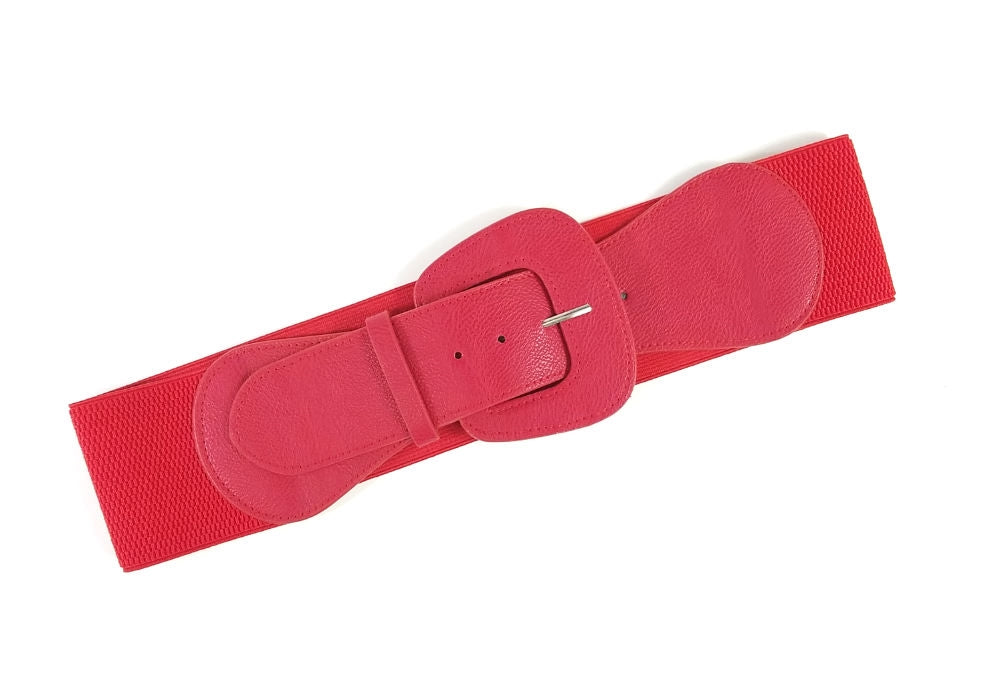 matte deep red faux leather 3" wide adjustable elastic belt with angled self buckle