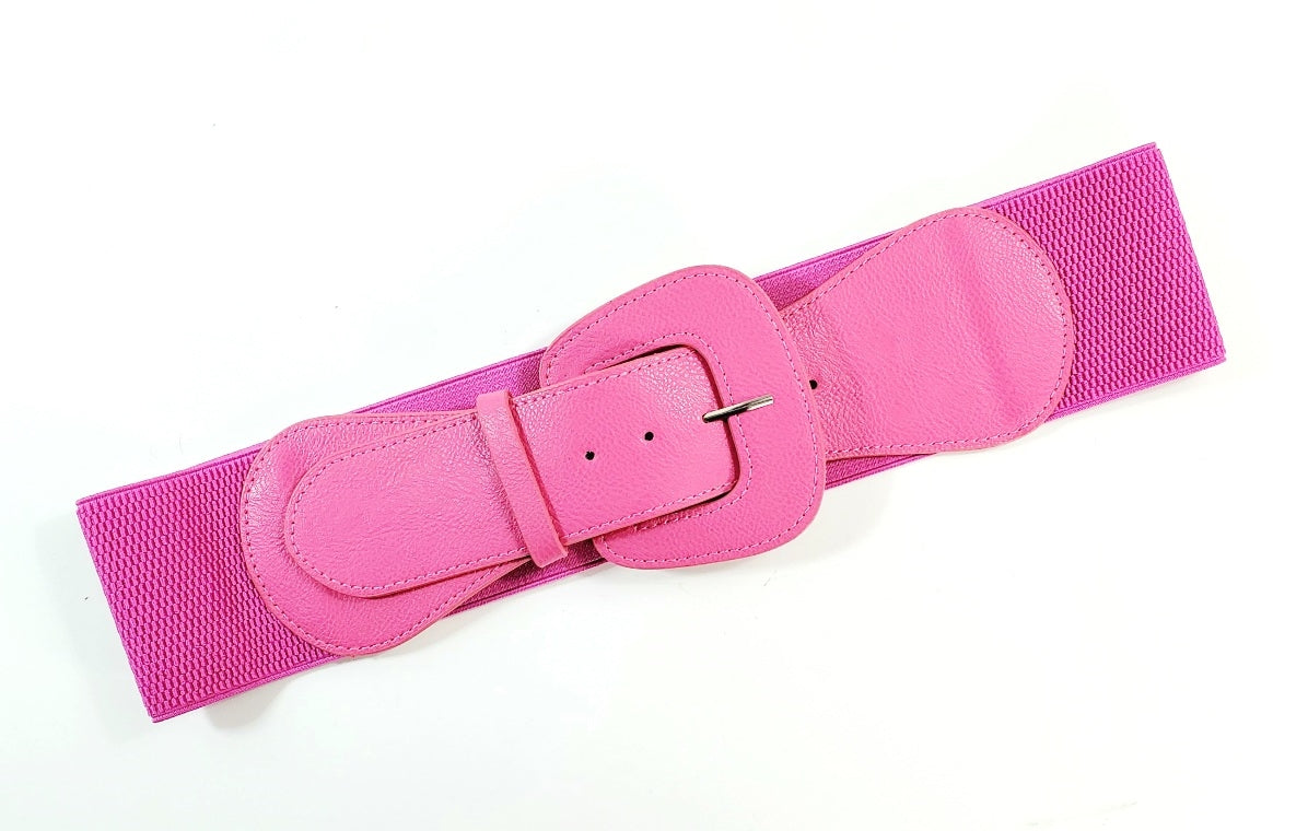 matte deep pink faux leather 3" wide adjustable fuchsia elastic belt with angled self buckle
