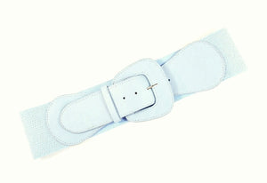 matte light dusty blue faux leather 3" wide adjustable elastic belt with angled self buckle