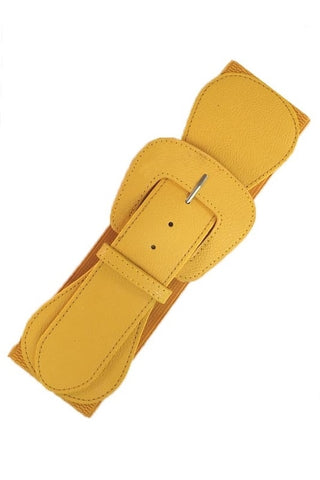 matte mustard yellow faux leather 3" wide adjustable elastic belt with angled self buckle