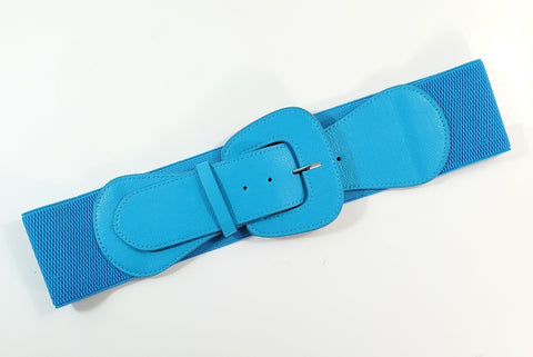 matte sky blue faux leather 3" wide adjustable elastic belt with angled self buckle