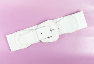 matte white faux leather 3" wide adjustable elastic belt with angled self buckle