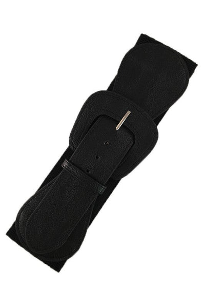 matte black faux leather 3" wide adjustable elastic belt with angled self buckle