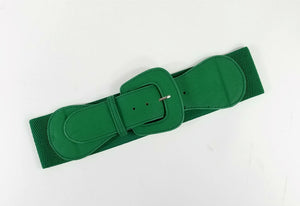 matte kelly green faux leather 3" wide adjustable elastic belt with angled self buckle
