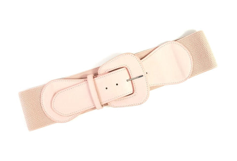 matte pale pink faux leather 3" wide adjustable elastic belt with angled self buckle