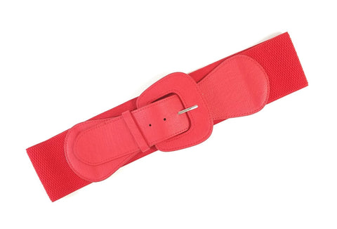 matte bright red faux leather 3" wide adjustable elastic belt with angled self buckle