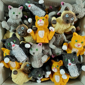image_97392" vinyl cat finger puppets tuxedo, orange tabby, russian blue grey, siamese shown assorted in a box