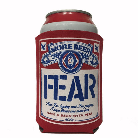 red background with white and blue "FEAR More Beer" label flexible coozie, shown on beer can