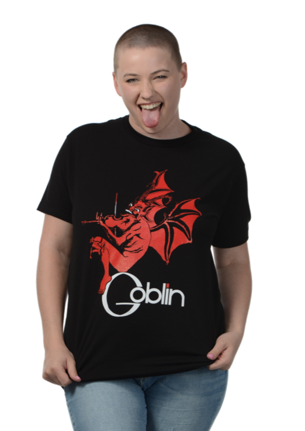 men's sizing black cotton t-shirt red goblin playing the violin perched on top of the band's name, from Goblin's 1976 Roller album cover art, shown on model