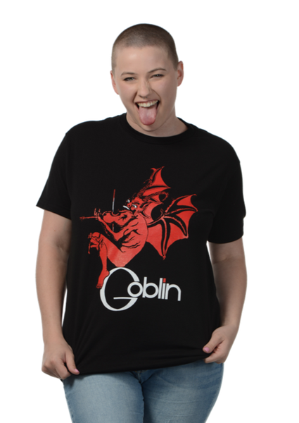 men's sizing black cotton t-shirt red goblin playing the violin perched on top of the band's name, from Goblin's 1976 Roller album cover art, shown on model