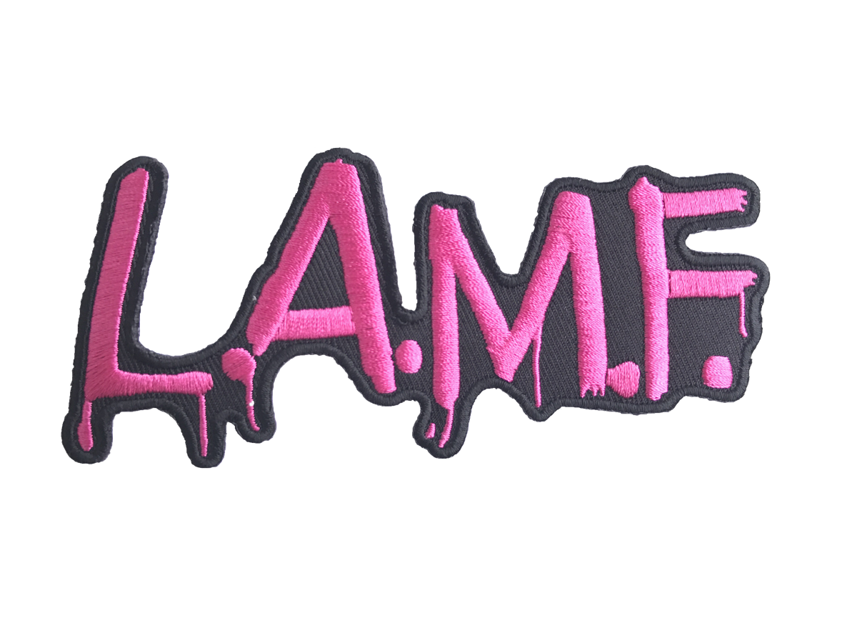 "L.A.M.F." pink on black embroidered patch