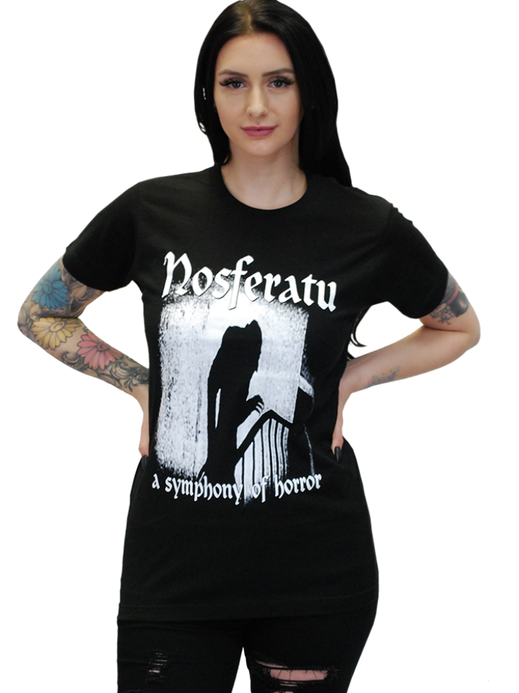 1922 film white "Nosferatu" and "a symphony of horror" script  shadow on the stairs image on a black 100% cotton men's sizing t-shirt, shown on model