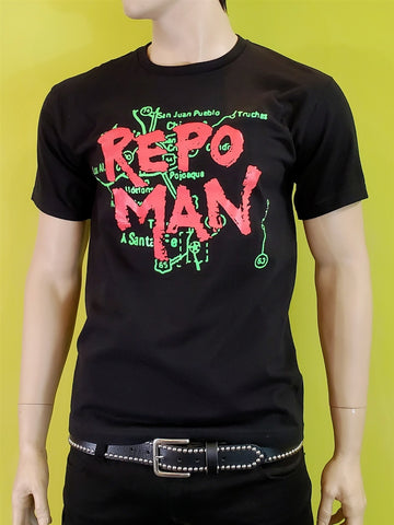 Repo Man glow-in-the-dark opening credits map & logo plastisol ink screenprint on fitted 100% cotton black men's sizing t-shirt