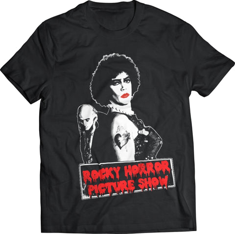 men's sizing black cotton t-shirt with "Rocky Horror Picture Show" red script logo under white portrait of Dr. Frank N. Furter and Riff Raff on front, shown flatlay