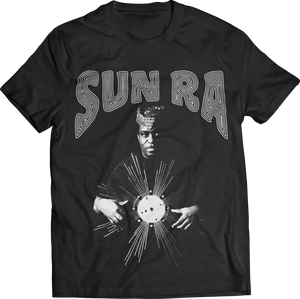 "SUN RA" text over portrait image creamy white screenprint on black cotton fitted t-shirt