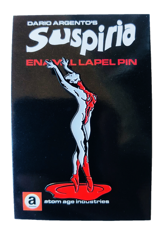 Dario Argento's 1977 Italian horror film Suspiria "Ballerina" enameled metal clutch-back pin, shown on rectangular black backer card