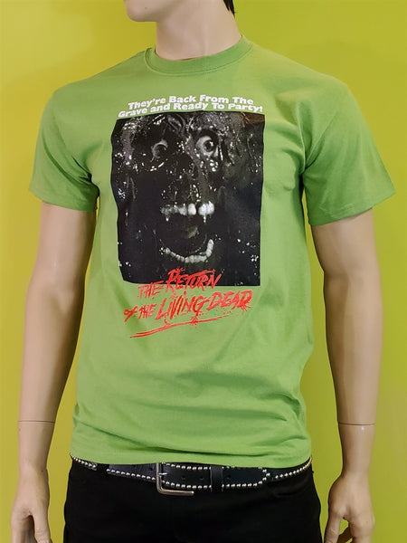 "The Return of the Living Dead" red title text under and "they're back form the dead and ready to party" white text over Tarman character movie poster image on fitted 100% cotton green men's sizing t-shirt, shown on mannequin