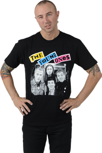 The Young Ones tv show multi-color logo black and white castmembers "Portrait" on a black 100% cotton men's sizing t-shirt, shown on model