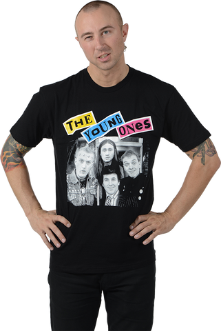 The Young Ones tv show multi-color logo black and white castmembers "Portrait" on a black 100% cotton men's sizing t-shirt, shown on model