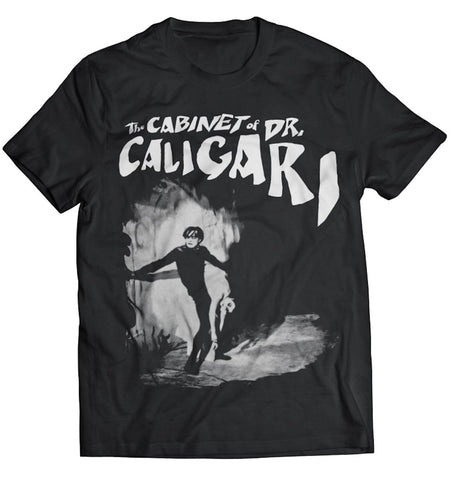 1920 film "The Cabinet of Dr. Caligari" title text over character Cesare carrying unconscious woman posed against wall off-white screenprint on black men's sizing t-shirt, shown flatlay