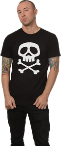 Captain Harlock white skull & crossed bones image on a black 100% cotton men's sizing t-shirt, shown on model