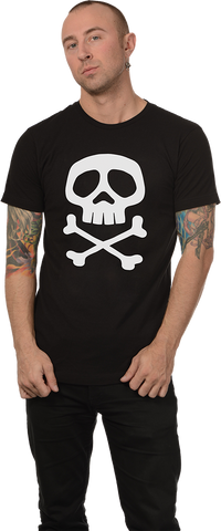 Captain Harlock white skull & crossed bones image on a black 100% cotton men's sizing t-shirt, shown on model