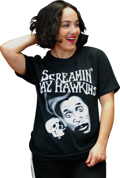 "Screamin' Jay Hawkins" text and portrait with smoking skull screenprinted in white on men's sizing black cotton t-shirt, shown on model