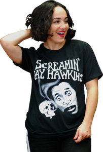 "Screamin' Jay Hawkins" text and portrait with smoking skull screenprinted in white on men's sizing black cotton t-shirt, shown on model