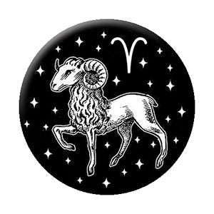 black and white illustrated Aries zodiac sign imagery on 1.25" round metal pinback button