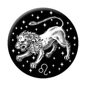 black and white illustrated Leo zodiac sign imagery on 1.25" round metal pinback button