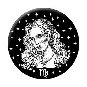 black and white illustrated Virgo zodiac sign imagery on 1.25" round metal pinback button