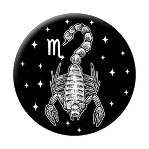black and white illustrated Scorpio zodiac sign imagery on 1.25" round metal pinback button