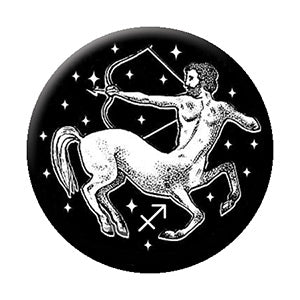 black and white illustrated Sagittarius zodiac sign imagery on 1.25" round metal pinback button