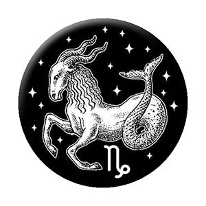 black and white illustrated Capricorn zodiac sign imagery on 1.25" round metal pinback button