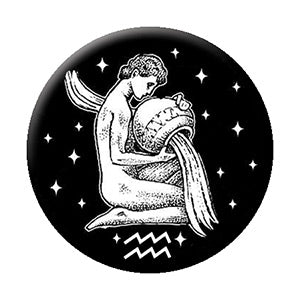 black and white illustrated Aquarius zodiac sign imagery on 1.25" round metal pinback button