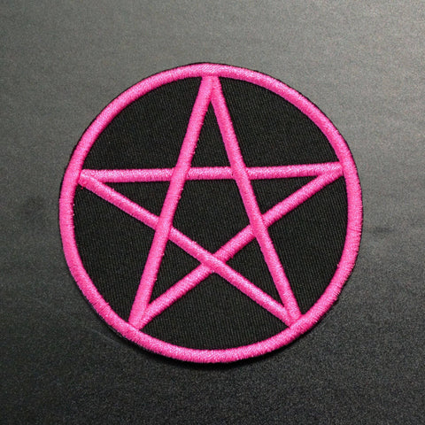 3" round bright pink embroidery on black canvas Pentagram patch