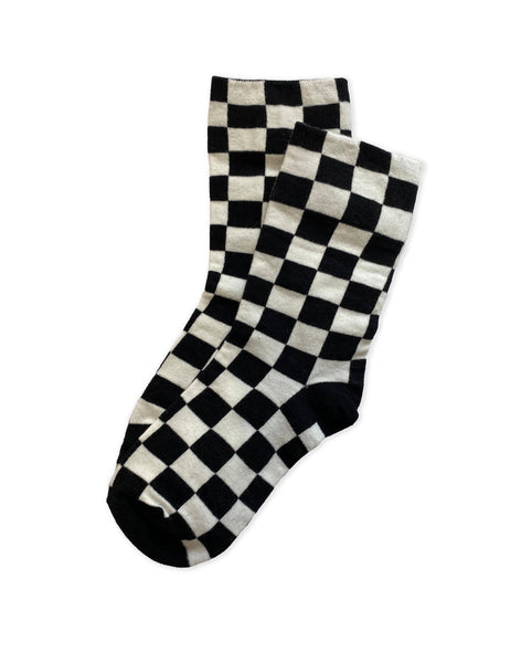 cotton blend knit socks in a classic black & white checker pattern, shown flatlay