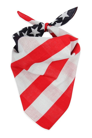 20" x 20" 100% cotton bandana scarf in red, white, and blue stars and stripes American flag design, folded diagonally and tied to be worn bandit style