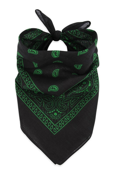 100% Cotton 20" square classic bandana in black with green paisley print, shown folded and tied to be worn bandit style
