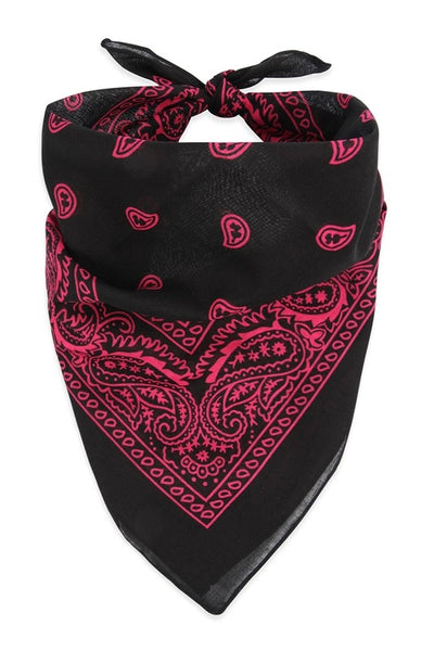 100% Cotton 20" square classic bandana in black with hot pink paisley print, shown folded and tied to be worn bandit style