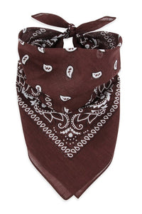 100% Cotton 20" square classic bandana in brown with white paisley print, shown folded diagonally and tied to be worn bandit style