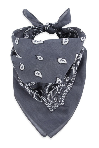 100% Cotton 20" square classic bandana in dark grey with white paisley print, shown folded diagonally and tied to be worn bandit style