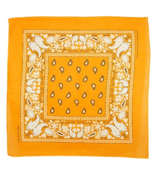 100% Cotton 20" square classic bandana in golden yellow with white paisley print