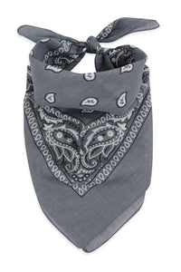 100% Cotton 20" square classic bandana in grey with white paisley print, shown folded diagonally and tied to be worn bandit style