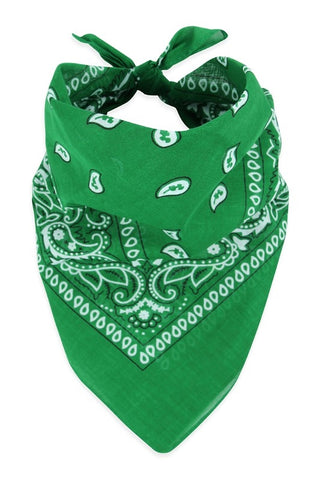 100% Cotton 20" square classic bandana in kelly green with white paisley print, shown folded diagonally and tied to be worn bandit style