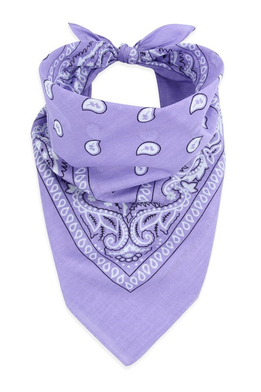 100% Cotton 20" square classic bandana in lavender with white paisley print, shown folded diagonally and tied to be worn bandit style