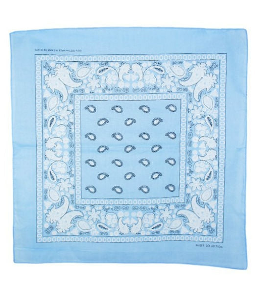 100% Cotton 20" square classic bandana in light blue with white paisley print